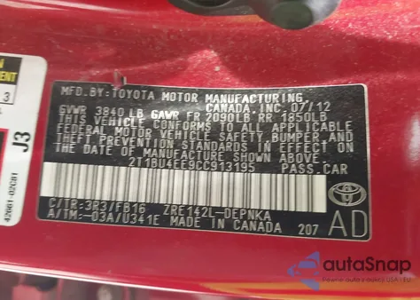 2012 Toyota Corolla Le из США, поврежденный, VIN 2T1BU4EE9CC913195